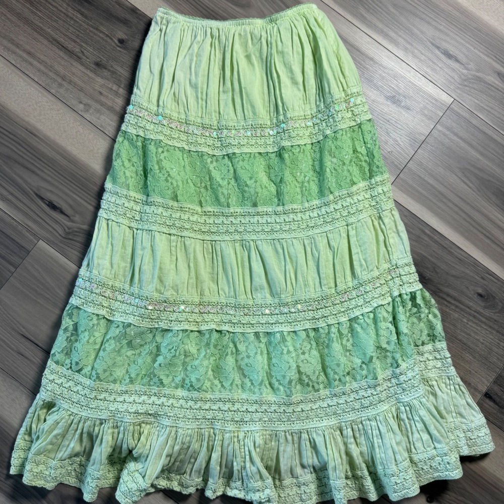 Passport Womens Large Lime Green Cotton Lace Tiered Maxi Skirt Sequin Boho